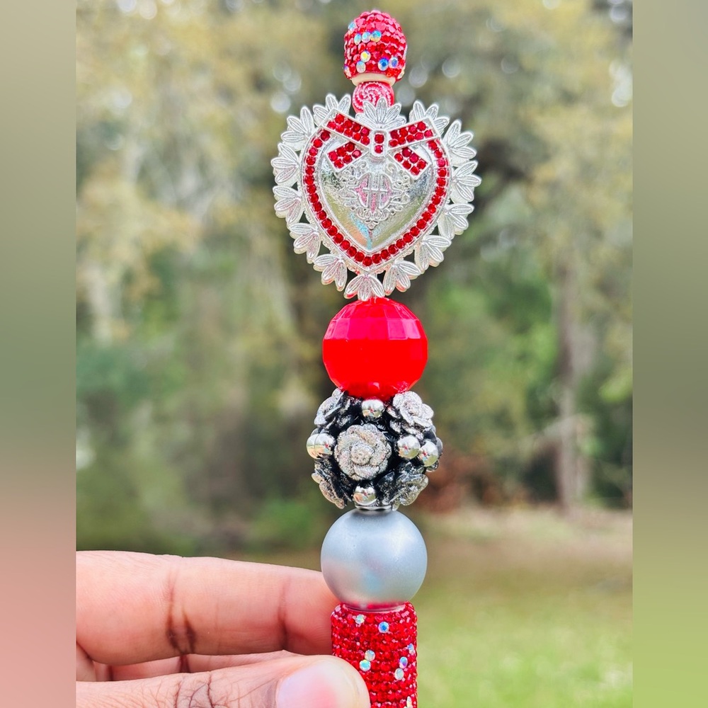 Handcrafted Rhinestone Red Pen with Heart Accent - Picture 3 of 4